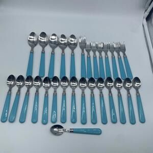 Stainless Steel China Plastic Handles Light Weight Flatware Light Blue 29 Pieces